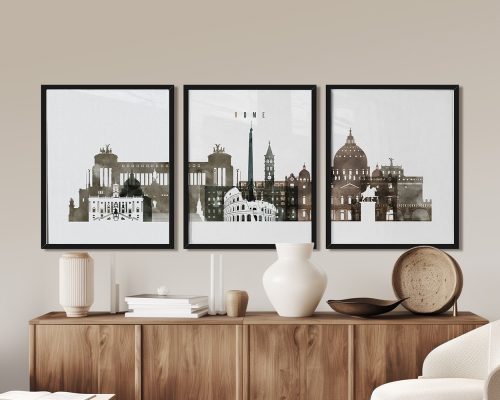 Three framed art prints depicting a cityscape of Rome with notable landmarks.