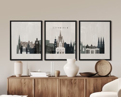 Three framed art prints depicting the skyline of Edinburgh with notable buildings and landmarks.