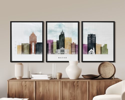 Three framed art prints depicting a cityscape of Raleigh with various buildings and a light background.