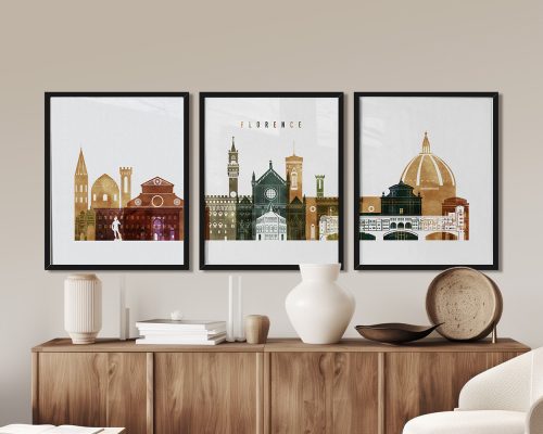 Three framed art prints depicting the skyline of Florence with notable architectural features.