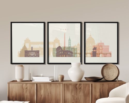 Three framed prints depicting various landmarks of Rome in a minimalist style.