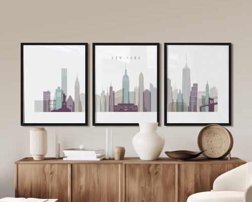 Three framed art prints of New York City skyline featuring notable buildings and landmarks.
