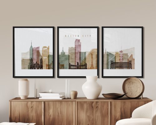 Three framed art prints of Mexico City skyline in muted colors displayed on a wall.