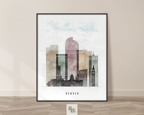 Art print featuring a stylized illustration of Denver's skyline with various building shapes and colors.
