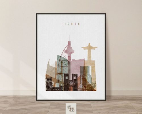 Art print featuring various iconic structures and landmarks of Lisbon in a layered design.