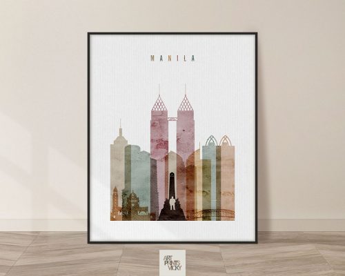 Artistic representation of the Manila skyline with various buildings in muted colors.