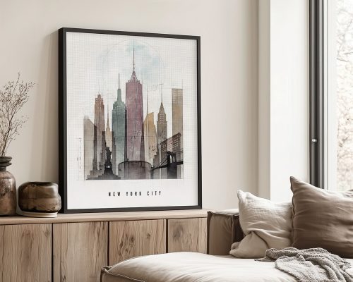 Framed artwork depicting the skyline of New York City with notable buildings and structures.
