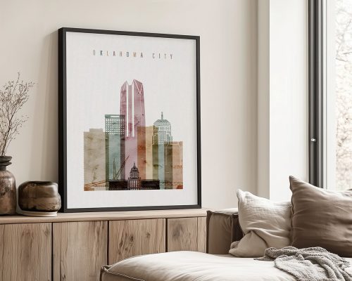 Art print featuring a stylized skyline of Oklahoma City with various buildings and structures.