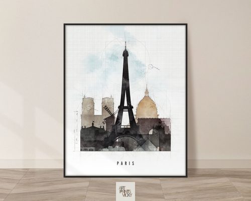 Framed artwork featuring the Eiffel Tower and Parisian skyline in a watercolor style.