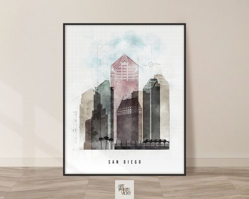 Artistic representation of San Diego's skyline featuring various buildings in a modern style.