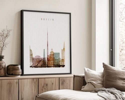 Framed print of Dublin cityscape featuring notable buildings and landmarks in a layered design.