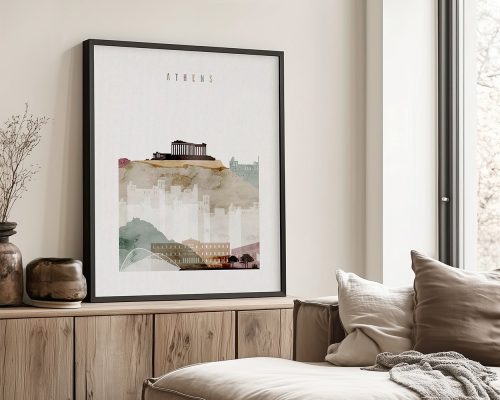Art print featuring a stylized depiction of Athens with the Acropolis and city skyline.