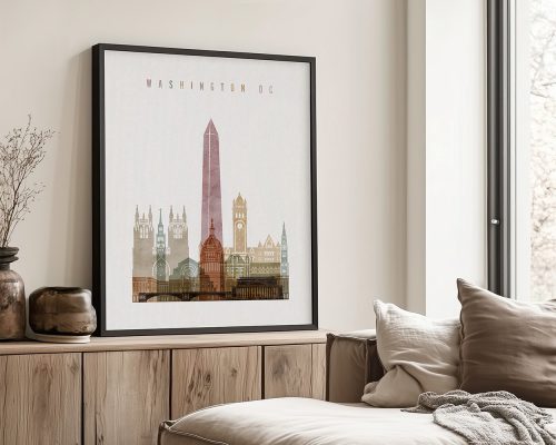 Framed artwork depicting a cityscape of Washington DC with notable buildings and monuments.
