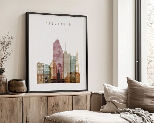 Framed art print of a cityscape featuring buildings and landmarks from Stockholm.