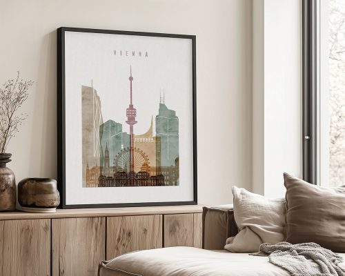 Art print featuring a cityscape of Vienna with notable buildings and landmarks.