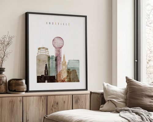 Art print of Knoxville cityscape featuring buildings and landmarks in various colors.