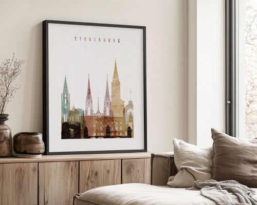 Art print featuring a silhouette of Strasbourg's architectural landmarks in various colors.