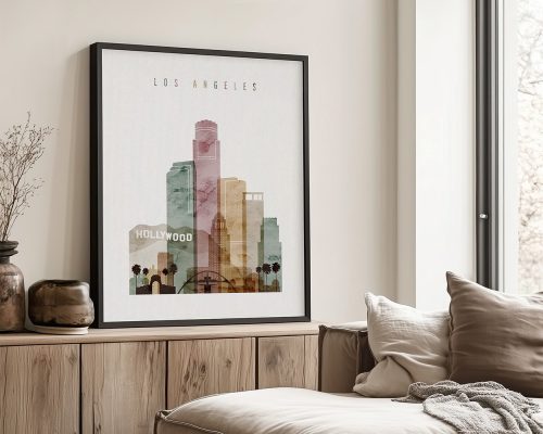 Art print featuring a stylized cityscape of Los Angeles with the word 'Hollywood' visible.