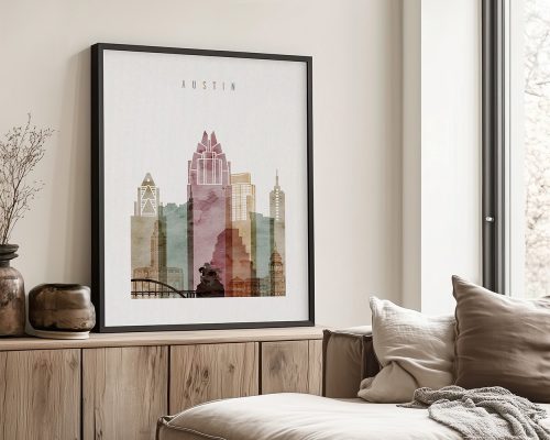 Art print featuring a stylized cityscape of Austin with notable buildings and a muted color palette.
