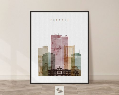 Art print of the Phoenix city skyline featuring various building silhouettes in muted colors.