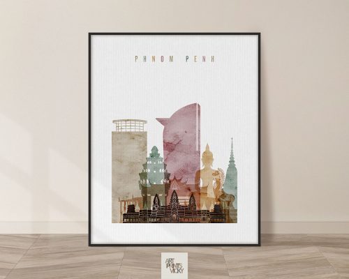 Art print featuring a stylized depiction of Phnom Penh's skyline and landmarks in various colors.