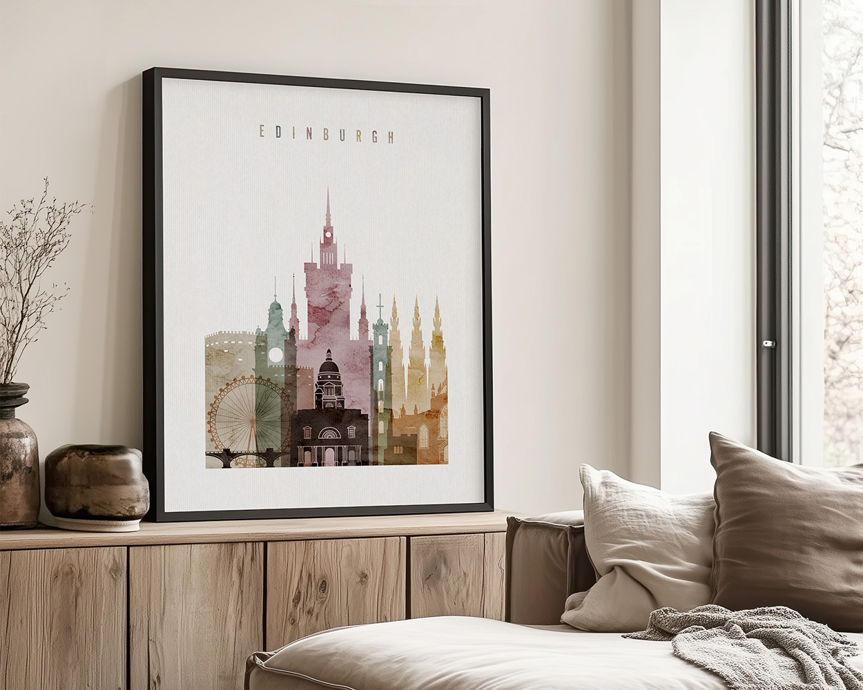 Framed artwork depicting a cityscape of Edinburgh with notable landmarks and a ferris wheel.