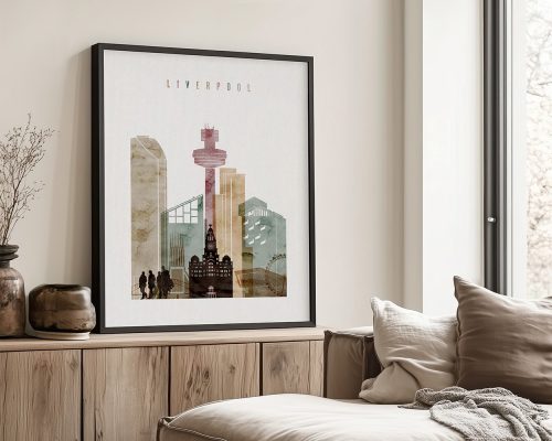 Art print featuring a stylized cityscape of Liverpool with notable buildings and a tower.
