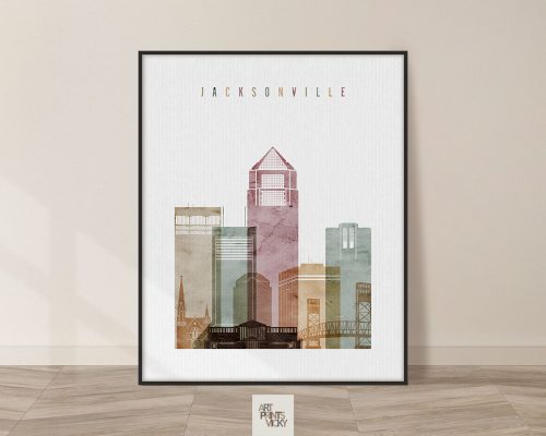 Art print of Jacksonville skyline featuring various buildings in muted colors.