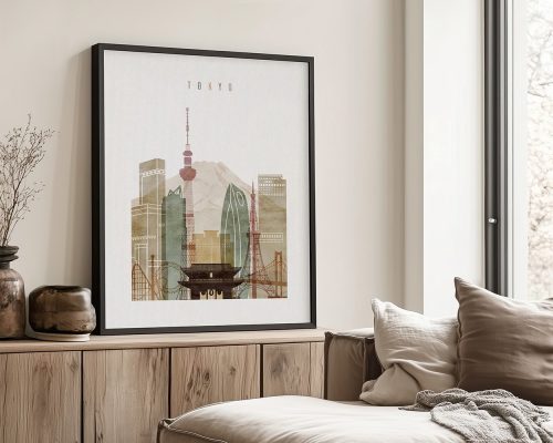 Art print featuring a stylized cityscape of Tokyo with iconic buildings and Mount Fuji in the background.