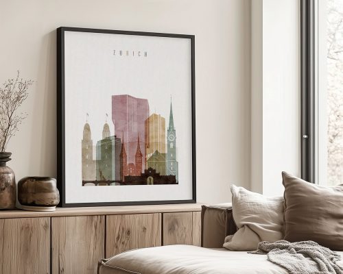 Art print featuring a stylized cityscape of Zurich with various buildings and a river.