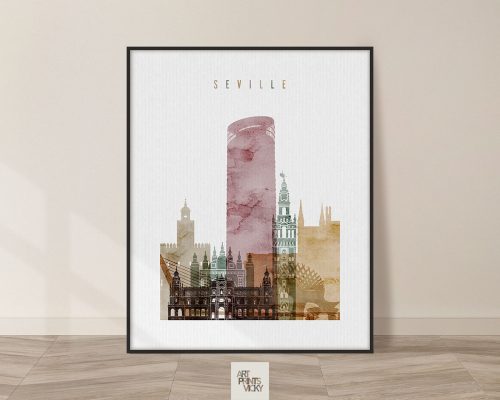Artistic representation of Seville featuring notable landmarks and architectural elements.