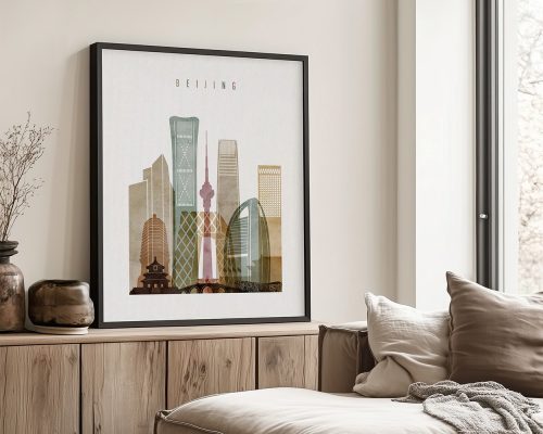 Art print featuring a stylized cityscape of Beijing with various skyscrapers and buildings.