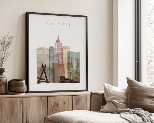 Framed artwork depicting a cityscape of Sao Paulo with notable buildings and structures.