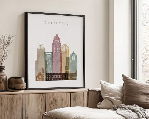 Art print featuring a stylized skyline of Charlotte with various building silhouettes.