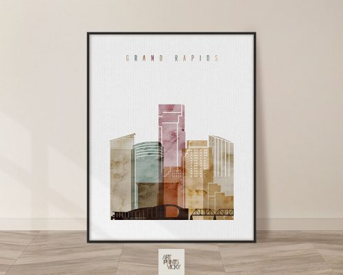 Art print of Grand Rapids city skyline with watercolor effect in various colors.