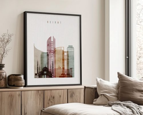 Framed artwork depicting a stylized cityscape of Beirut with various buildings and landmarks.