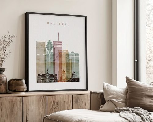 Art print of Montreal's skyline featuring various buildings in muted colors and a framed design.