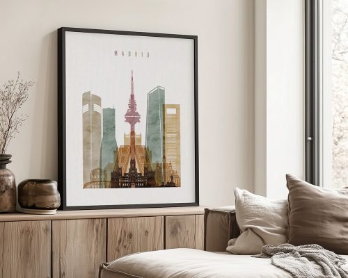Art print of Madrid skyline featuring modern buildings and a historical structure in a framed display.