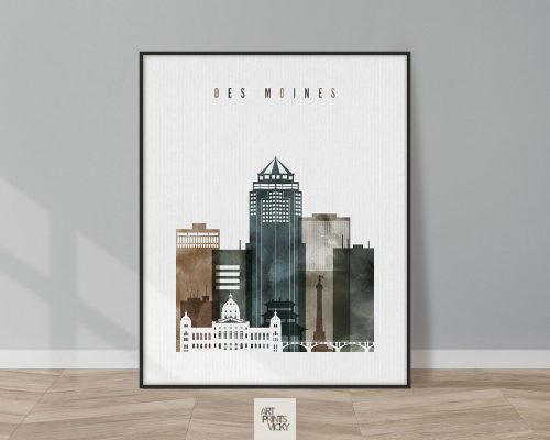 Art print featuring a stylized cityscape of Des Moines with various buildings in muted colors.