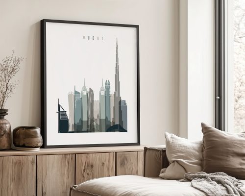 Framed artwork depicting a stylized skyline of Dubai with prominent buildings.