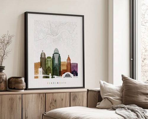 Framed artwork of Cincinnati skyline with a map background in muted colors.