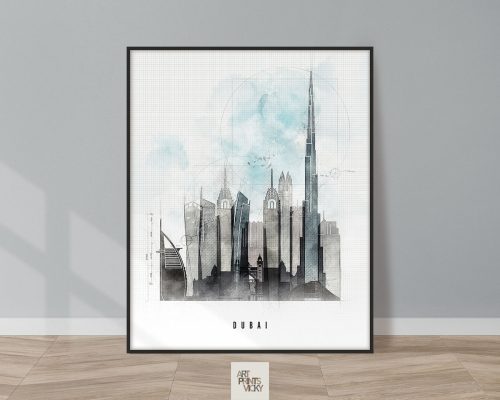 Art print of Dubai skyline featuring the Burj Khalifa and other buildings in a minimalist style.