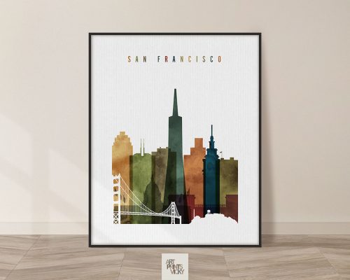 Art print featuring a stylized silhouette of the San Francisco skyline with notable landmarks.