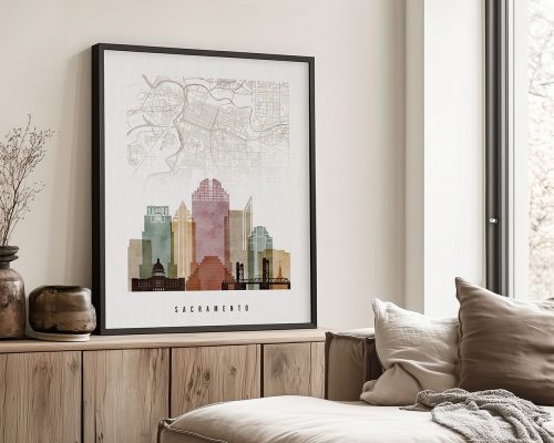 Framed artwork featuring a stylized map of Sacramento with city skyline illustrations.