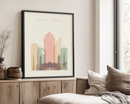 Framed art print of a cityscape featuring buildings of Addis Ababa in pastel colors.