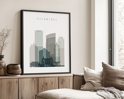 Framed print of Milwaukee's skyline featuring various buildings and architectural styles.