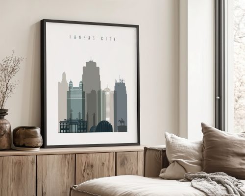 Art print featuring a stylized skyline of Kansas City with various building silhouettes.