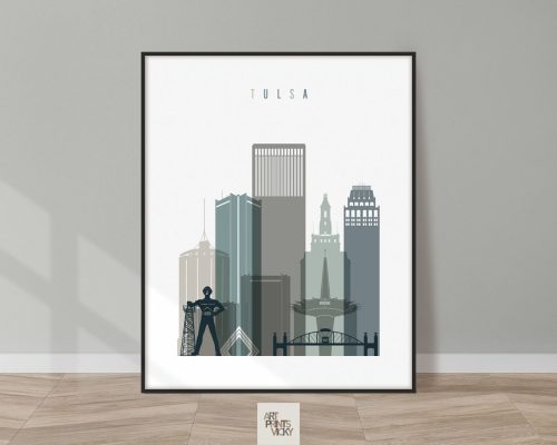 Framed art print of a cityscape featuring buildings and a statue labeled 'Tulsa'.