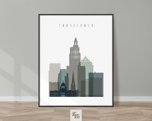 Stylized illustration of the Providence city skyline featuring various building shapes and heights.