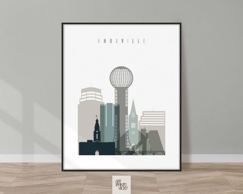 Graphic representation of the Knoxville skyline featuring various buildings and structures.